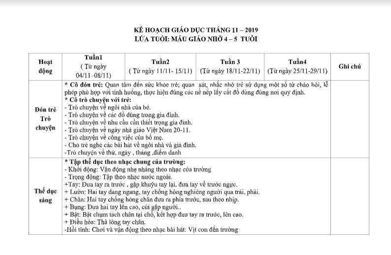 Chương trình giáo dục tháng 11/2019