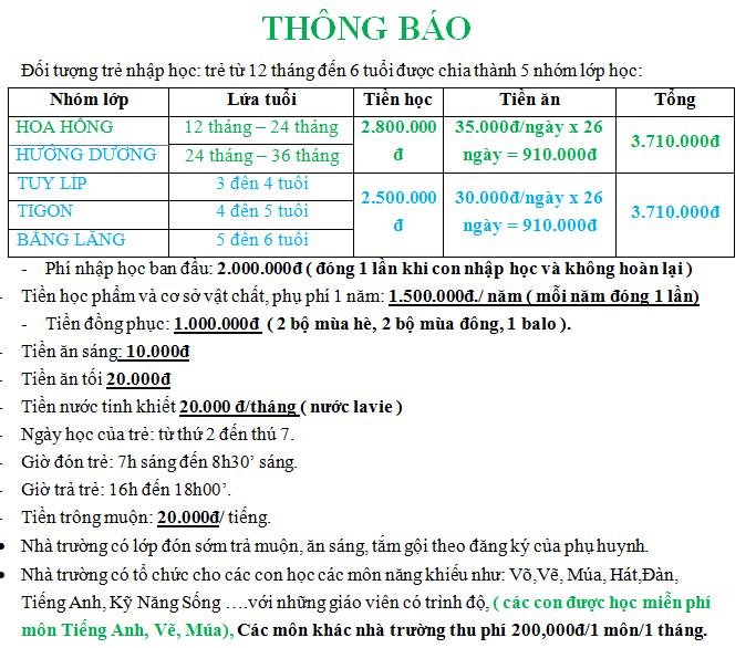 Chính sách tài chính – Học phí năm học 2020-2021 – Cơ Sở BiBi 10 số 70 Nguyễn Đức Cảnh