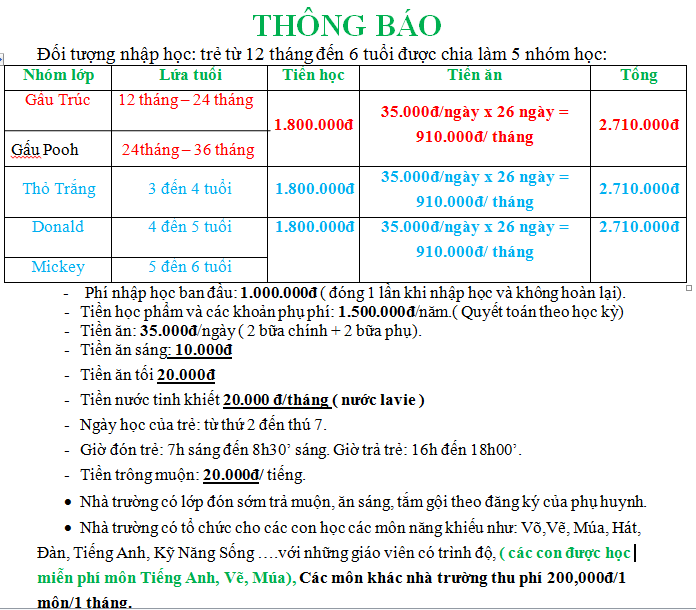 Chính sách tài chính – Học phí năm học 2020-2021 – Cơ Sở BiBi 9 Lĩnh Nam